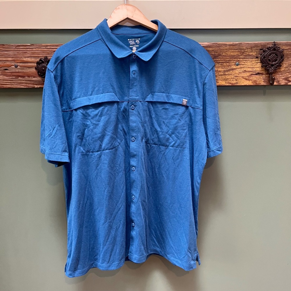 Mountain Hardwear Mens XL Blue Wool Blend Short Sleeve Button Up Hiking Shirt